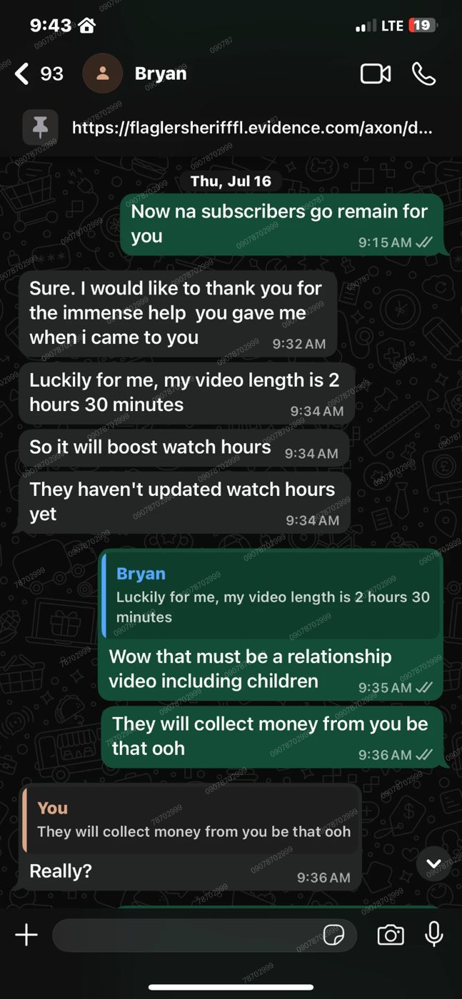 WhatsApp conversation about watch hours and subscribers