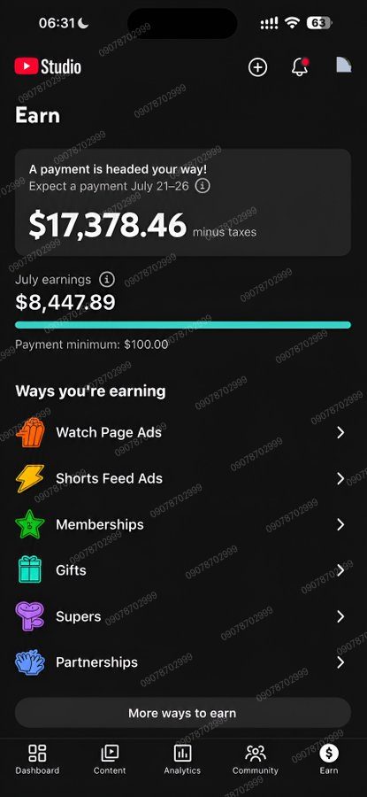 YouTube Studio Earn page showing a pending payment