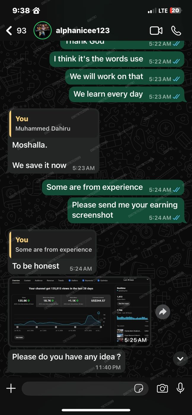 WhatsApp conversation with a student sharing channel growth
